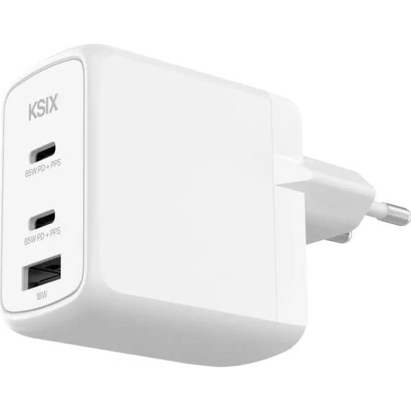Ksix bcd65ganaccb blanco / cargador de red eléctrica 2 x usb-c + 1 x usb-a 65w